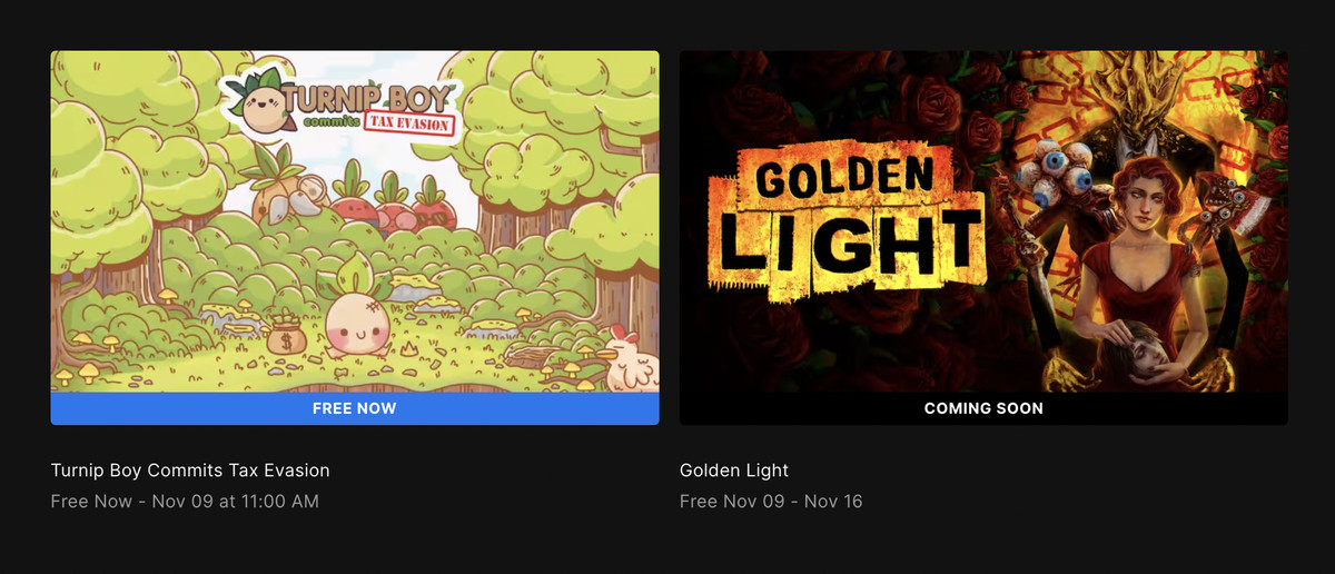 The Epic Games Store shows title cards for free games in November.