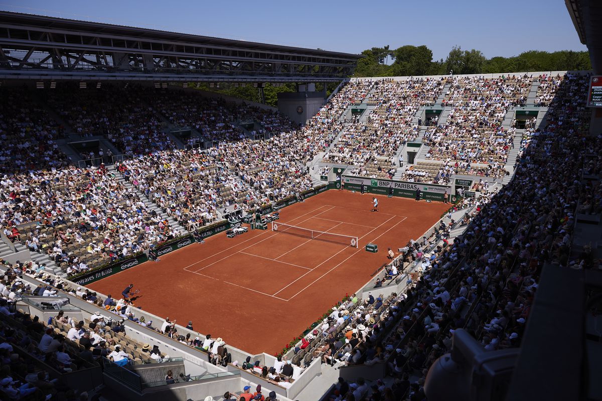 General view as Zhizhen Zhang of People’s Republic of China serves against Casper Ruud of Norway during the Men’s Singles Third Round Match on Day Seven of the 2023 French Open at Roland Garros on June 03, 2023 in Paris, France.