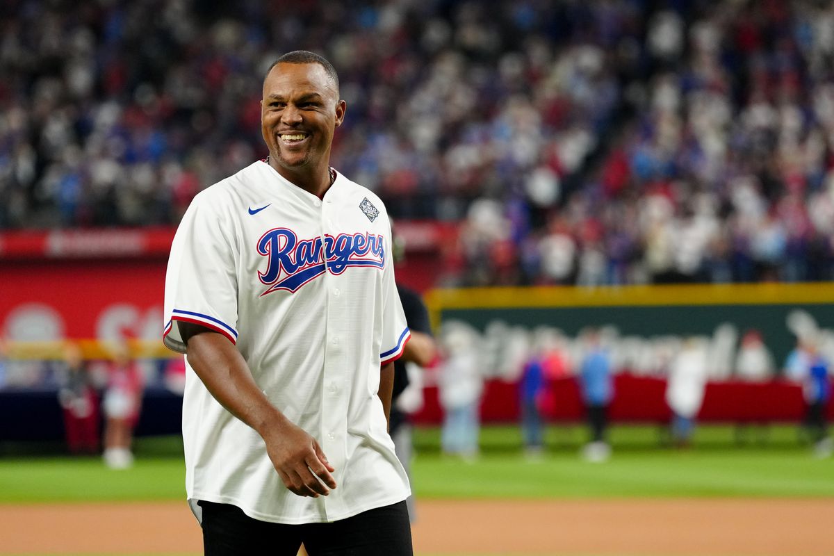 Adrian Beltre walks off the mound after throwing the ceremonial first pitch prior to Game 2 of the 2023 World Series between the Arizona Diamondbacks and the Texas Rangers at Globe Life Field on Saturday, October 28, 2023 in Arlington, Texas.