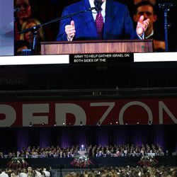 President Russell M. Nelson of The Church of Jesus Christ of Latter-day Saints speaks during a devotional at the State Farm Stadium in Phoenix on Sunday, Feb. 10, 2019.
