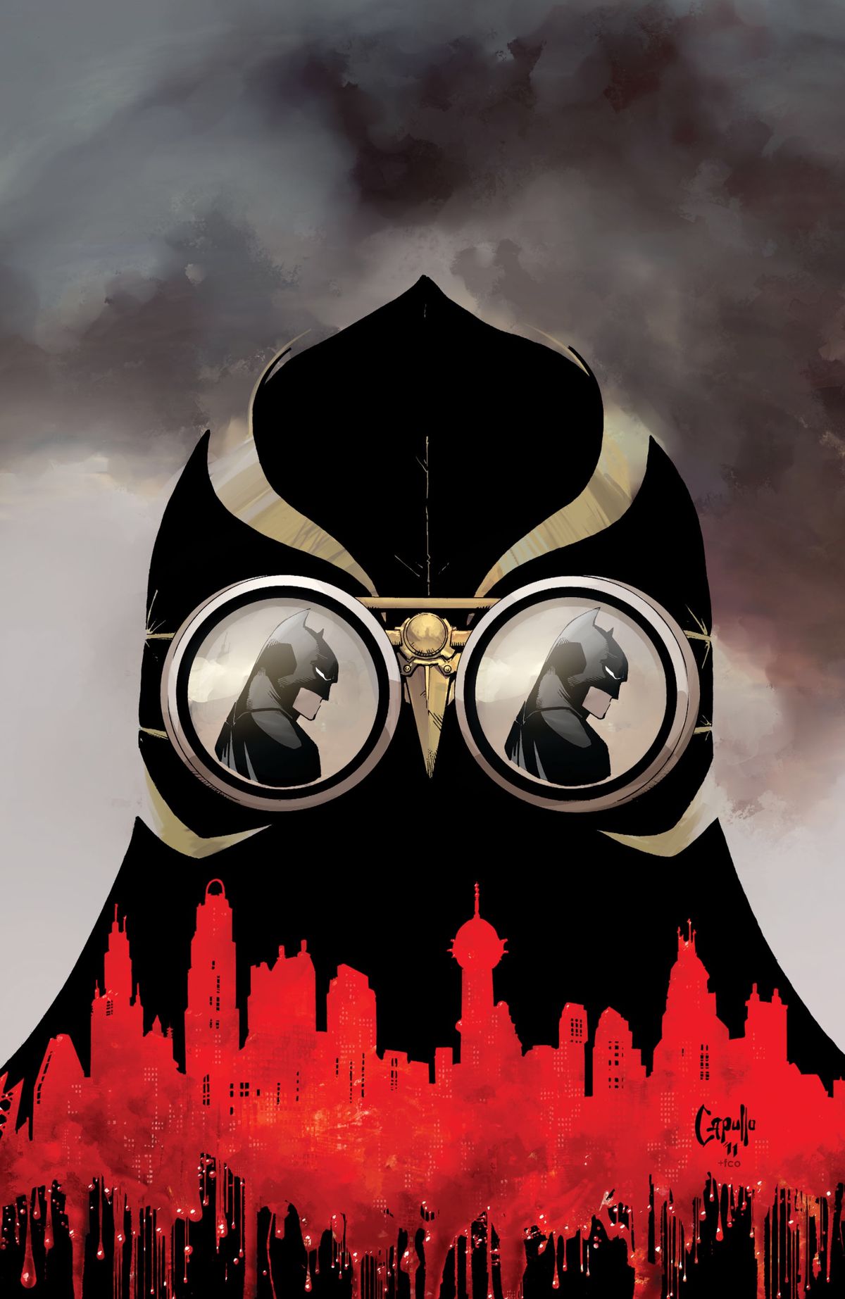 The mask of a Talon. Batman is reflected in both of its eye lenses, the Gotham City skyline is silhouetted against it in red, from the cover of Batman #4, DC Comics (2012). 
