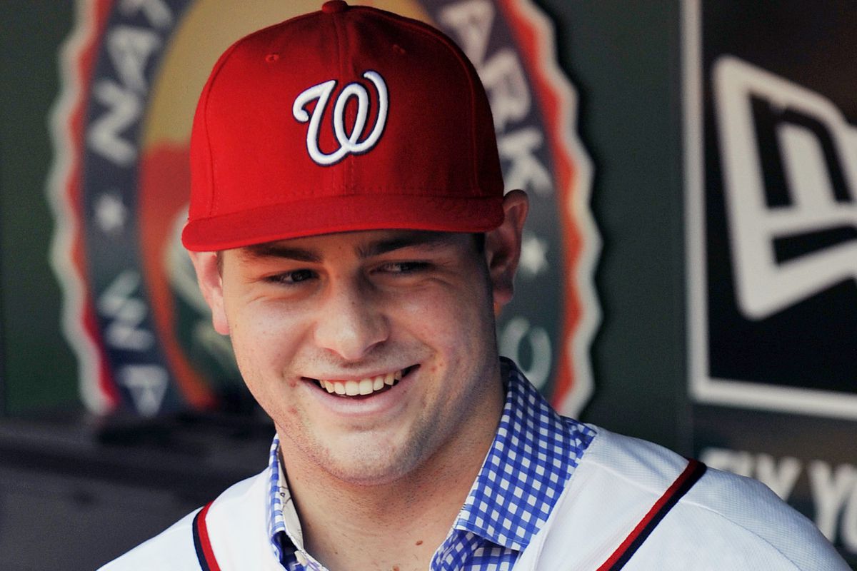 July 17, 2012; Washington, D.C., USA; Washington Nationals first round draft pick Lucas Giolito in the dugout before a game against the New York Mets at Nationals Park.