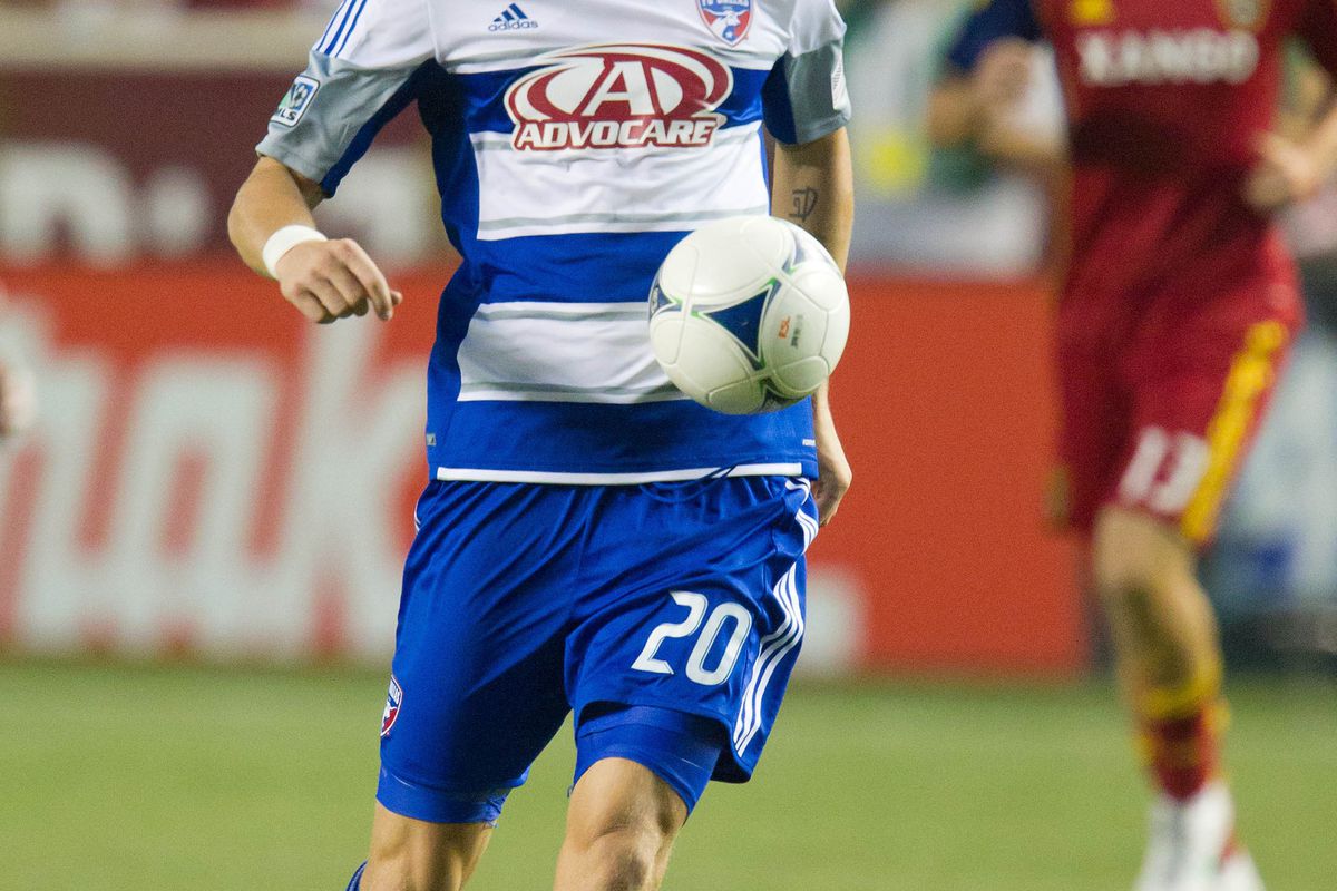 August 18, 2012;  Sandy, UT, USA; FC Dallas midfielder Brek Shea (20) controls the ball during the second half against Real Salt Lake at Rio Tinto Stadium. FC Dallas defeated Real Salt Lake 2-1. Mandatory Credit: Russ Isabella-US PRESSWIRE