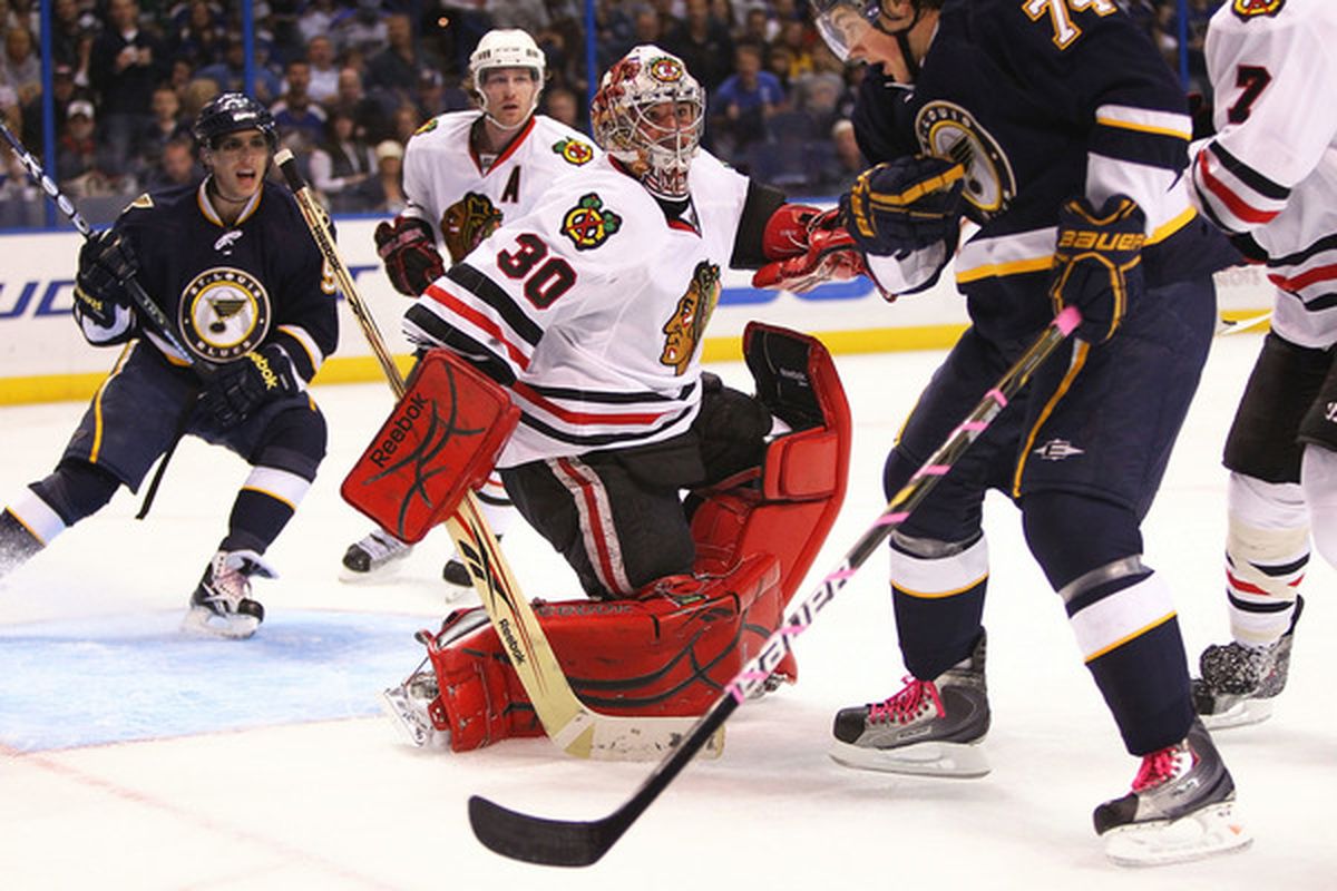 Marty Turco of the Blackhawks makes a save against the St. Louis Blues at the Scottrade Center on October 22 2010 in St. Louis Missouri.  (Photo by Dilip Vishwanat/Getty Images)