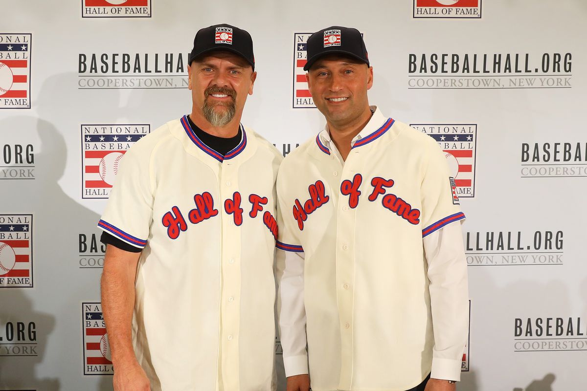 Larry Walker and Derek Jeer pose for a photo after being elected into the National Baseball Hall of Fame Class of 2020 on January 22, 2020 at the St. Regis Hotel in New York City.