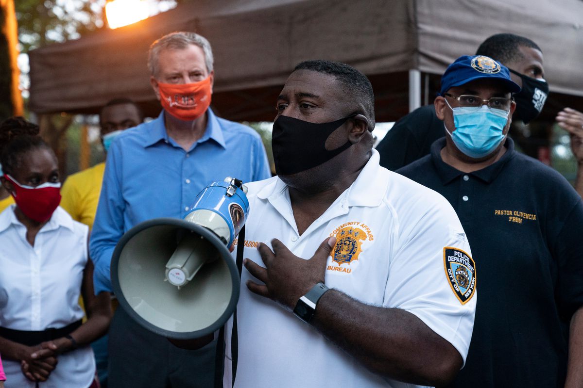 NYPD Community Affairs Chief Jeffrey Maddrey spoke at an Occupy the Corner rally against gun violence in East Harlem, July 11, 2020.