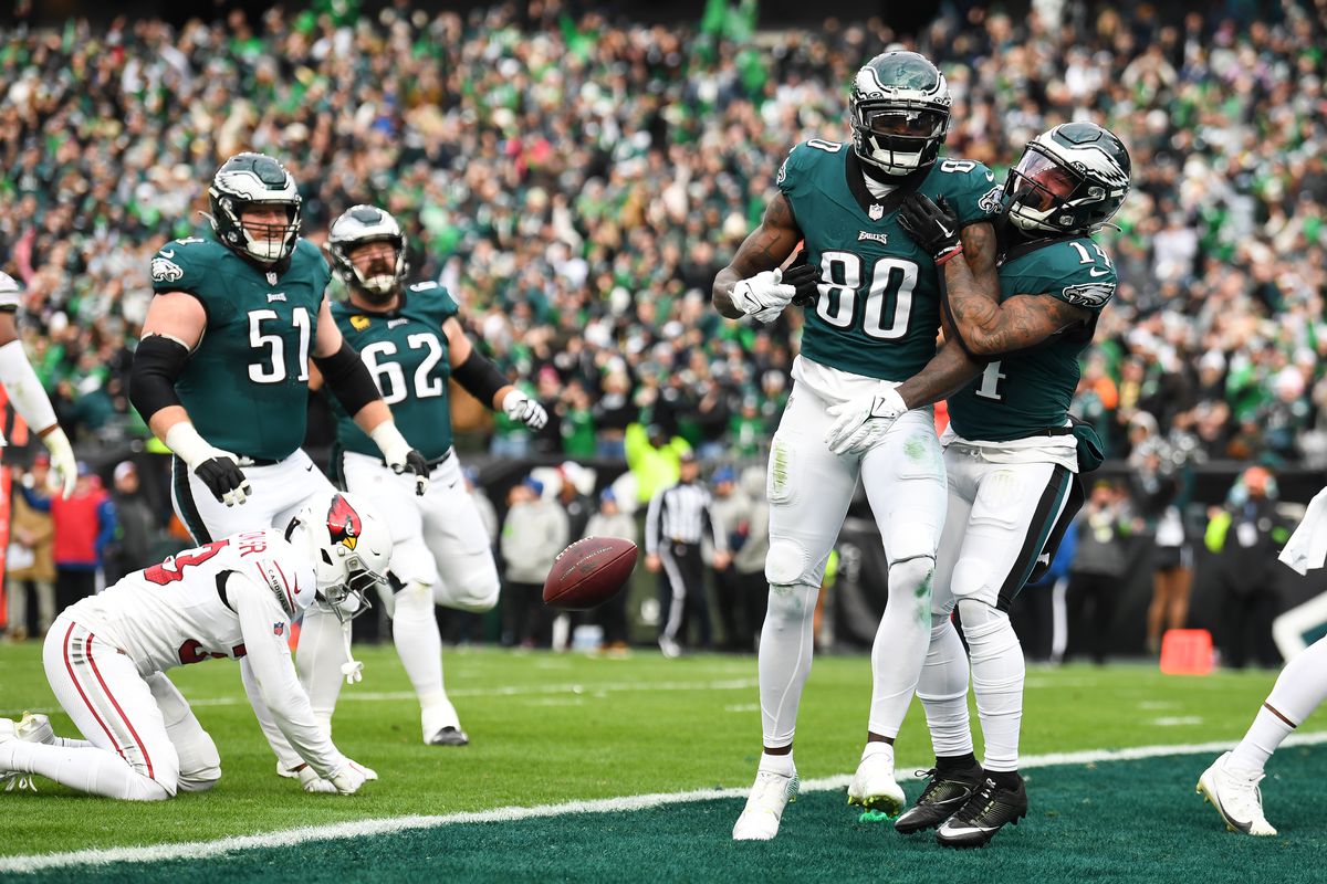 Julio Jones #80 of the Philadelphia Eagles celebrates with teammates after scoring a touchdown during the first half against the Arizona Cardinals at Lincoln Financial Field on December 31, 2023 in Philadelphia, Pennsylvania.