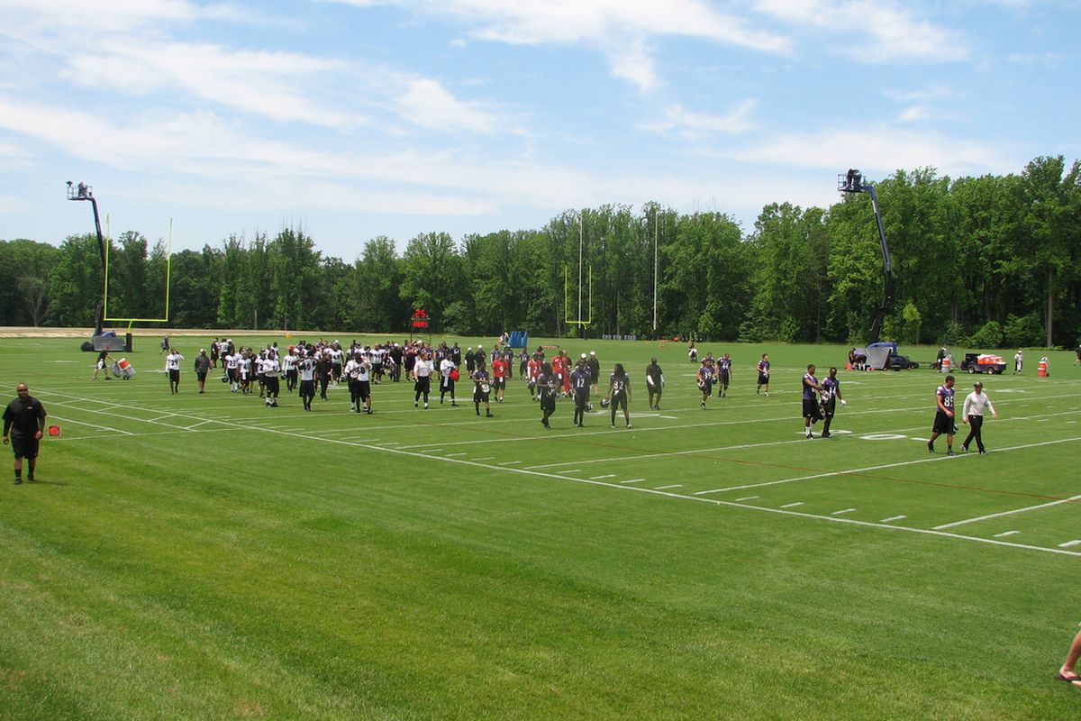 The Baltimore Ravens leave the practice field after their recent OTA