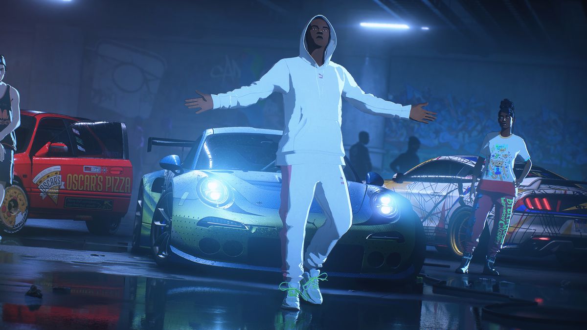 A scene from Need for Speed Unbound at the beginning of a “meetup” or a race event. Three characters pose with their cars, one spreading his arms wide to issue the challenge.