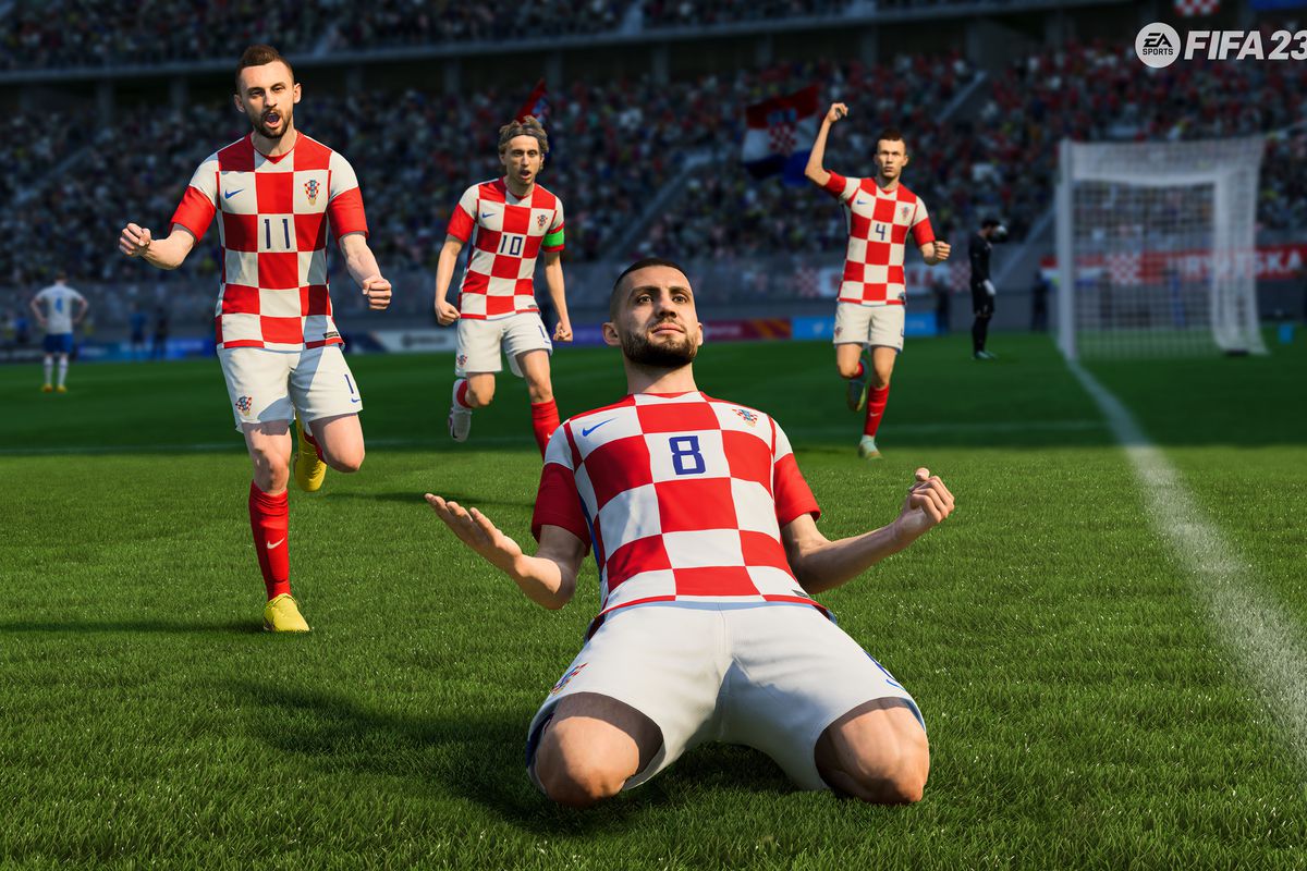 No. 8 for Croatia’s national team, in their distinctive red-and-white checkered kits, celebrates a goal in FIFA 23