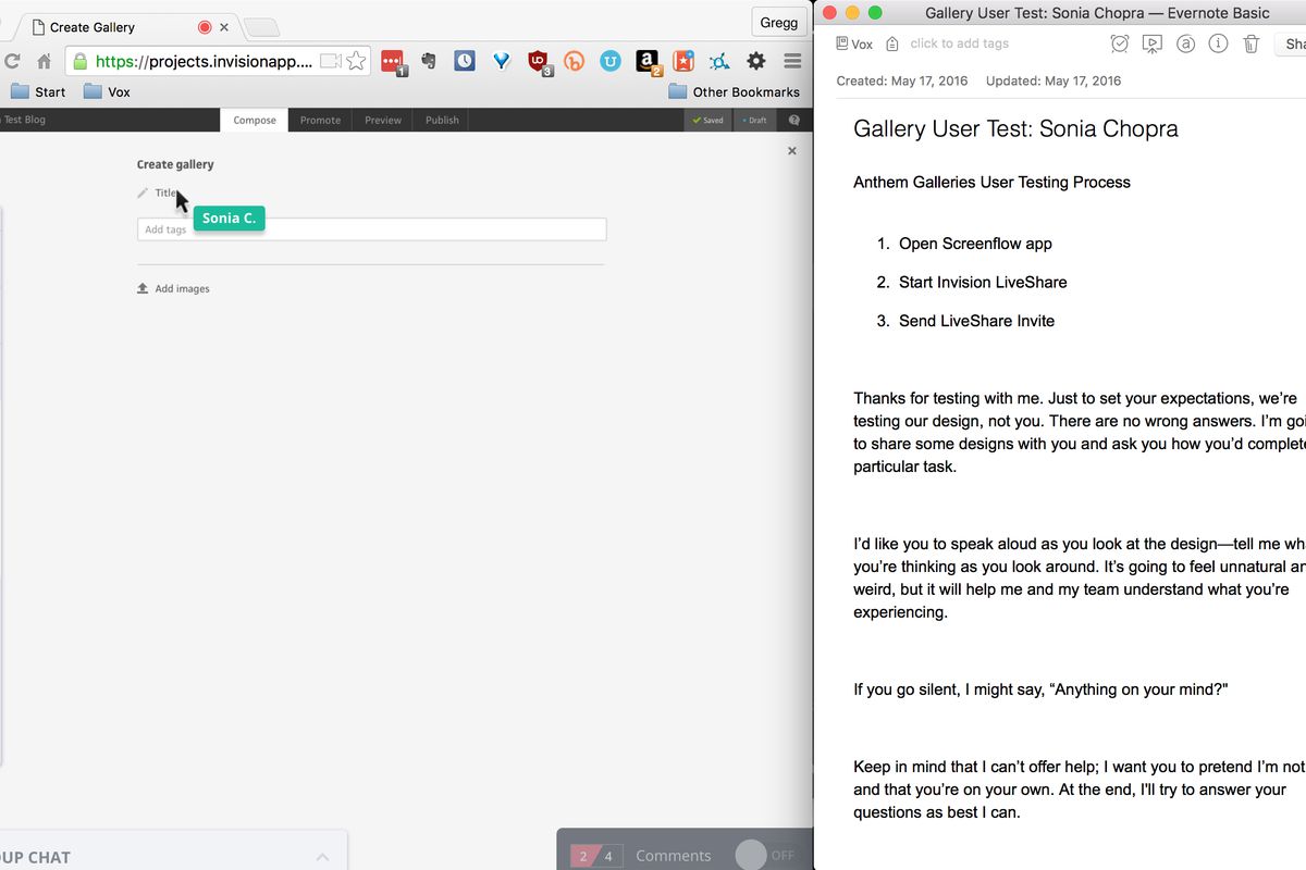 Image of a user test using InVision LiveShare and Evernote