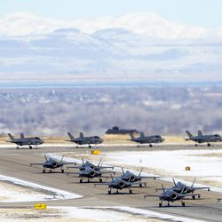 F-35A Lightning IIs from Hill Air Force Base’s 388th and 419th fighter wings line up during a combat power exercise at the base near Ogden on Monday, Jan. 6, 2020. During the exercise, 52 F-35A Lightning IIs launched within a condensed period of time.