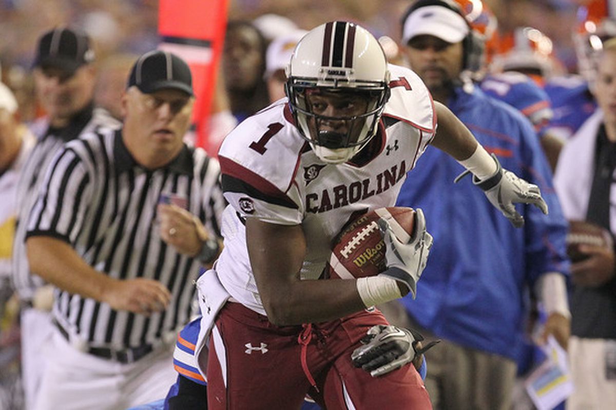 GAINESVILLE FL - NOVEMBER 13:  Alshon Jeffery #1 of the South Carolina Gamecocks rushes during a game against the Florida Gators at Ben Hill Griffin Stadium on November 13 2010 in Gainesville Florida.  (Photo by Mike Ehrmann/Getty Images)