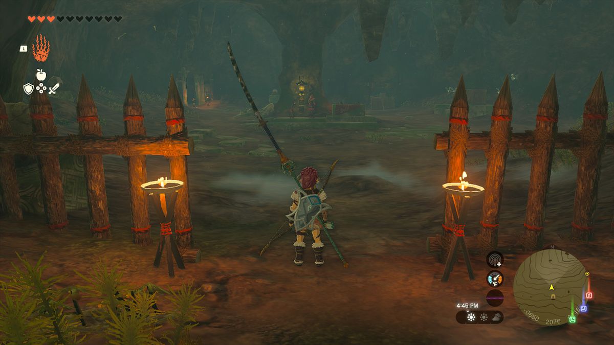 Link prepares to face two Yiga Clan members inside the hideout in Zelda: Tears of the Kingdom