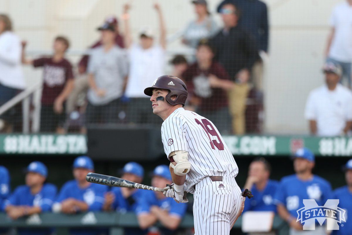 Brent Rooker watches a baseball leave Dudy Noble Field after hitting a grand slam to take the lead against Kentucky.