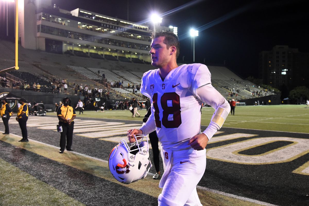 Stanford Cardinal quarterback Tanner McKee (18) leaves the field after a win against the Vanderbilt Commodores at Vanderbilt Stadium.