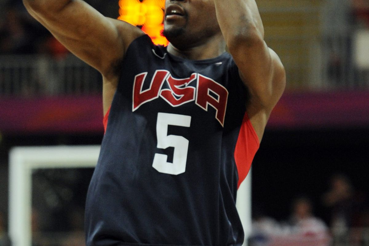 Jul 31, 2012; London, United Kingdom; USA guard Kevin Durant (5) shoots against Tunisia in the men's preliminary game during the London 2012 Olympic Games at Basketball Arena. Mandatory Credit: Richard Mackson-USA TODAY Sports