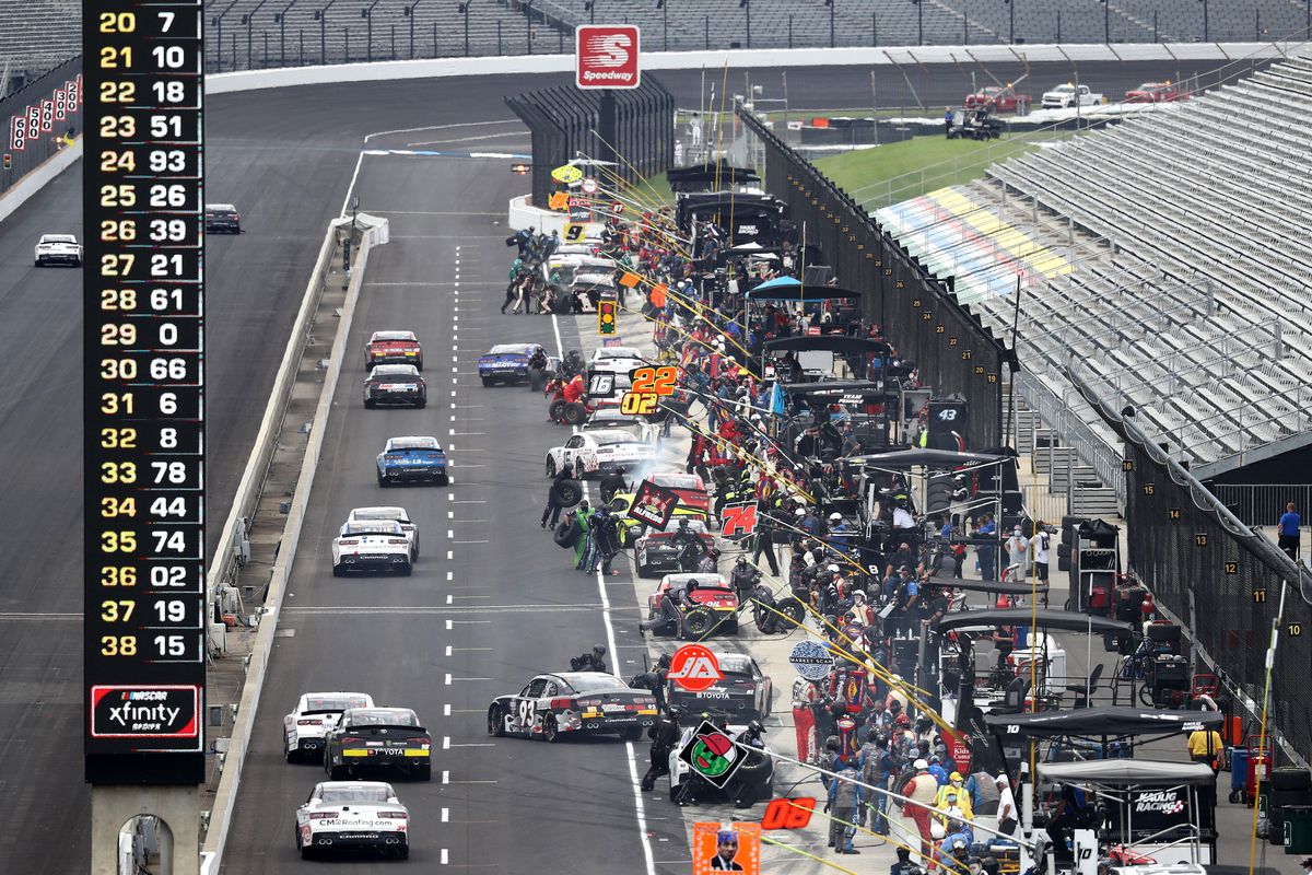 A general view of pit road during the NASCAR Xfinity Series Pennzoil 150 at the Brickyard at Indianapolis Motor Speedway on July 04, 2020 in Indianapolis, Indiana.
