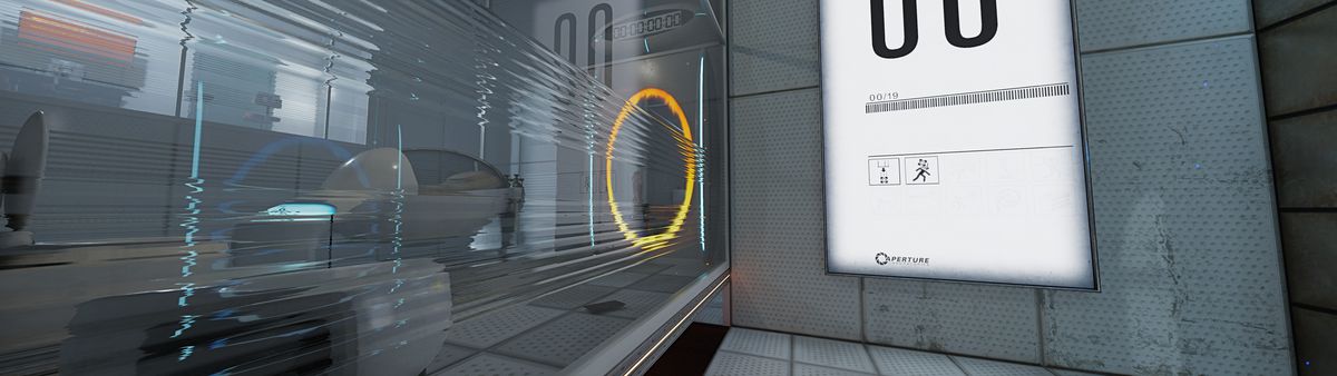 A test chamber in Portal with the RTX update enabled. The glass separating the chamber from its entrance is photorealistic, and the textures on the walls and floors look rough and dirty.