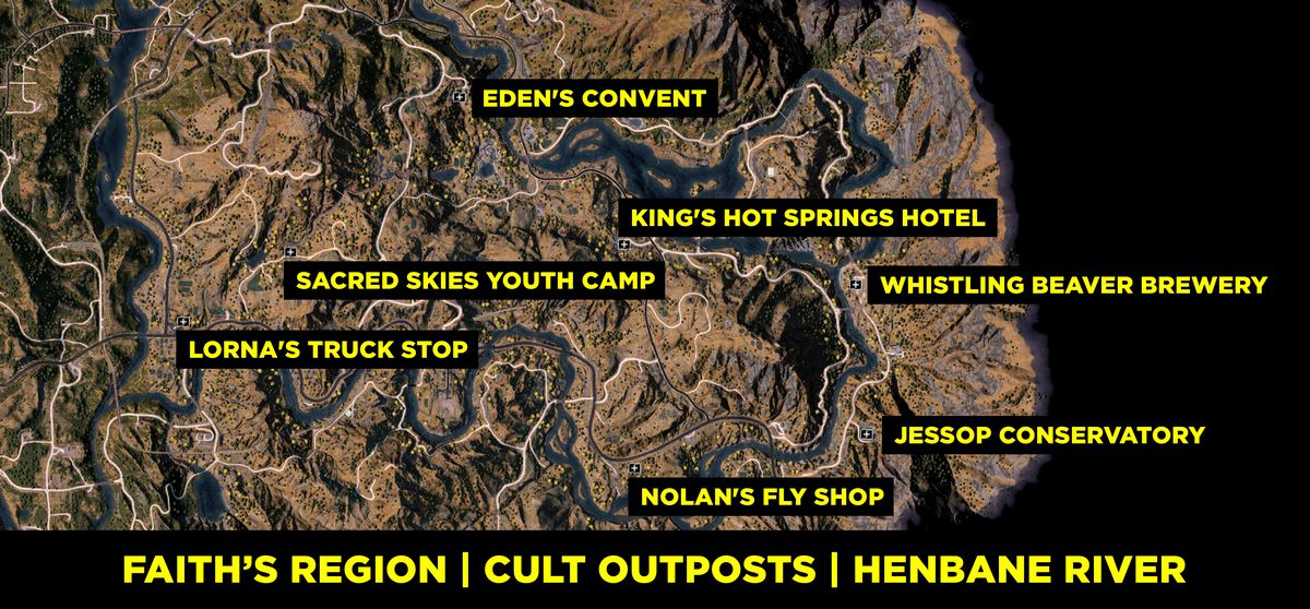 Far Cry 5 Faith’s region (Henbane River) cult outpost map