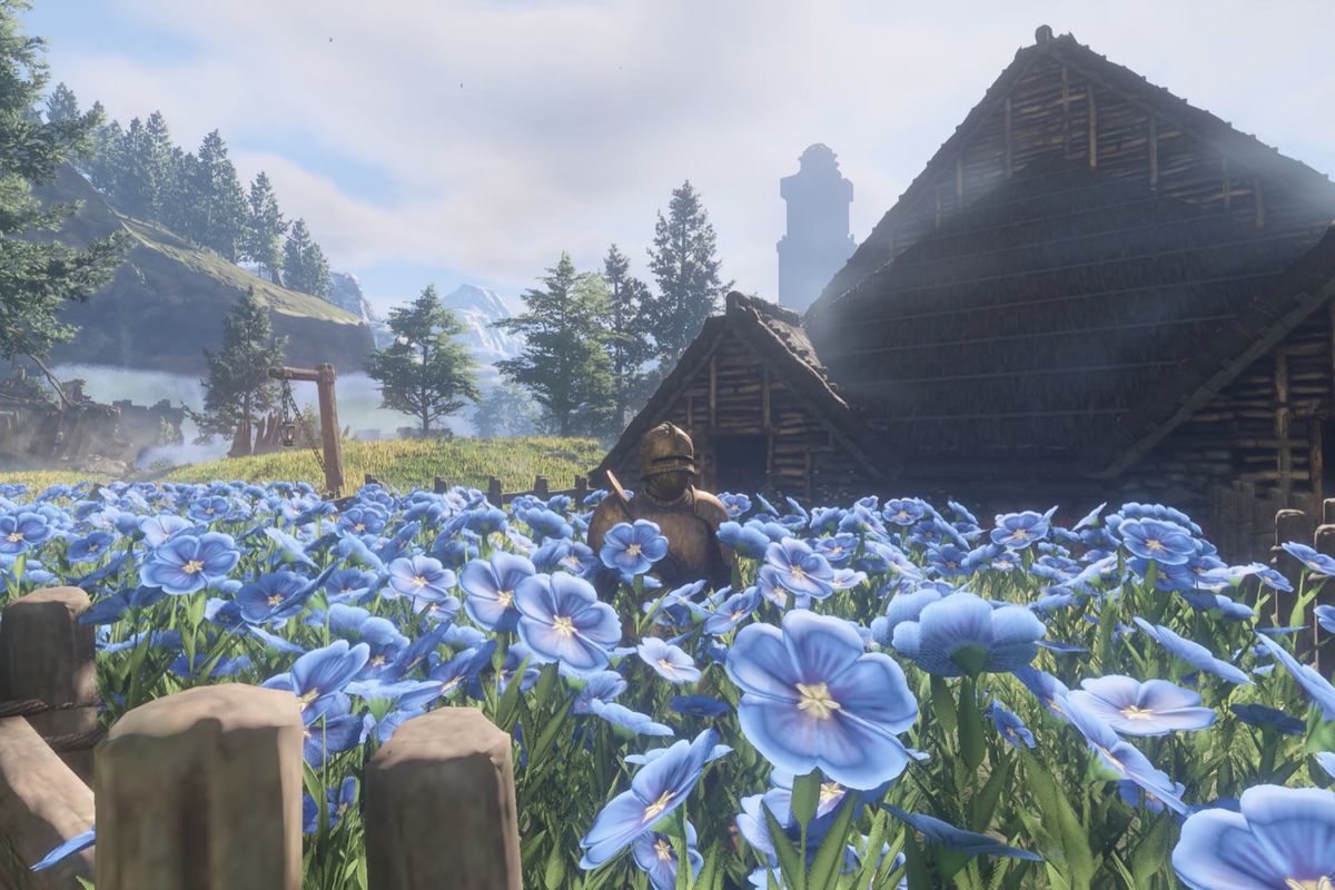 Enshrouded player standing in a flax farm