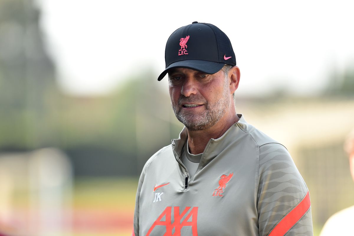 Jurgen Klopp manager of Liverpool during a training session at AXA Training Centre on August 26, 2021 in Kirkby, England.