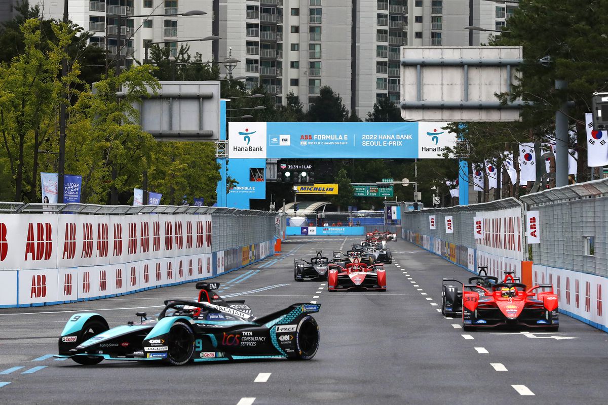 In this handout from Jaguar Racing, Mitch Evans of New Zealand, Jaguar TCS Racing, Jaguar I-TYPE 5, leads Oliver Rowland (GBR), Mahindra Racing, Mahindra M7Electro, Lucas Di Grassi (BRA), ROKiT Venturi Racing, Silver Arrow 02, and Jake Dennis (GBR), Avalanche Andretti, BMW iFE.21 during the ABB FIA Formula E Championship - 2022 Hana Bank Seoul E-Prix Round 15 on August 13, 2022 in Seoul, Korea.
