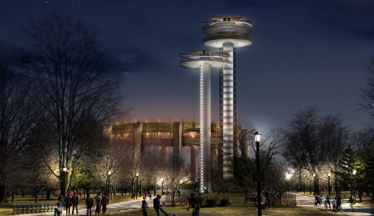 The towers and a round structure rise in Flushing Meadows-Corona Park, in Queens. 