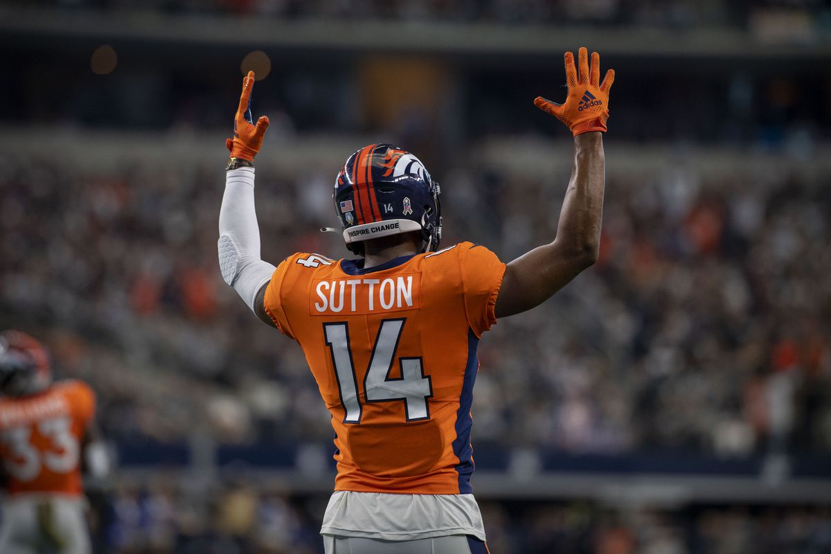 Denver Broncos wide receiver Courtland Sutton (14) celebrates a touchdown against the Dallas Cowboys during the second half at AT&amp;amp;T Stadium.&nbsp;