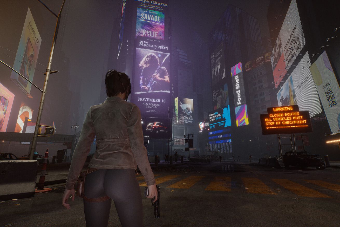 Screenshot from The Day Before featuring a woman standing in a place that looks like New York City’s Times Square with abandoned cars in the street and giant lit up billboards advertising rock concerts.