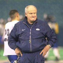 Brigham Young University head football coach LaVell Edwards watches his team practice on Friday, Dec. 24, 1999, at the Silverdome in Pontiac, Mich. BYU will face Marshall in the Motor City Bowl at the Silverdome on Monday, Dec. 27.