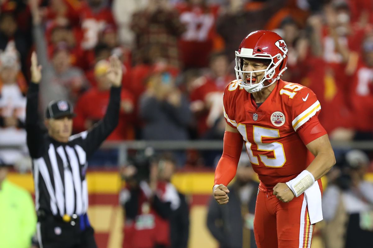 Kansas City Chiefs quarterback Patrick Mahomes yells in celebration after running back Kareem Hunt scored a touchdown on a 2-yard run in the third quarter of a week 7 NFL game between the Cincinnati Bengals and Kansas City Chiefs on October 21, 2018 at Arrowhead Stadium in Kansas City, MO. The Chiefs won 45-10.