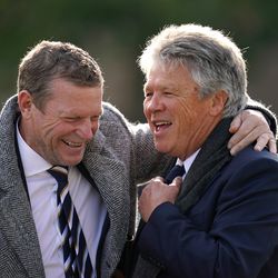 Former Spurs players Micky Hazard (left) and Steve Perryman