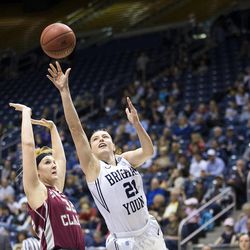 BYU's Lexi Eaton goes up for a shot against Santa Clara at the Marriott Center Jan. 26, 2015. 