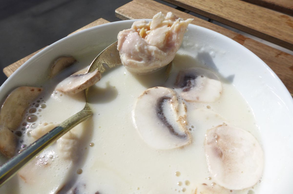 White soup with white mushroom and spoon lifting a piece of white chicken out.