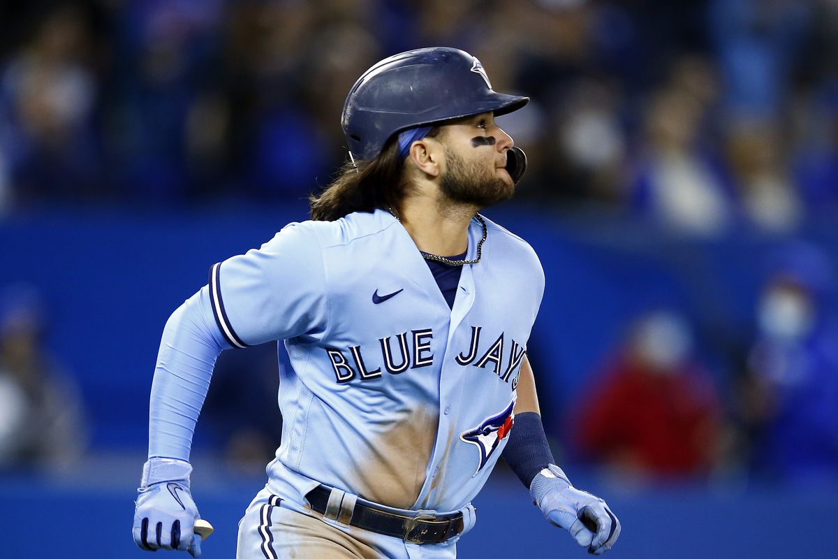Bo Bichette of the Toronto Blue Jays runs the bases on his home run in the eighth inning against the New York Yankees at Rogers Centre on September 29, 2021 in Toronto, Ontario, Canada.