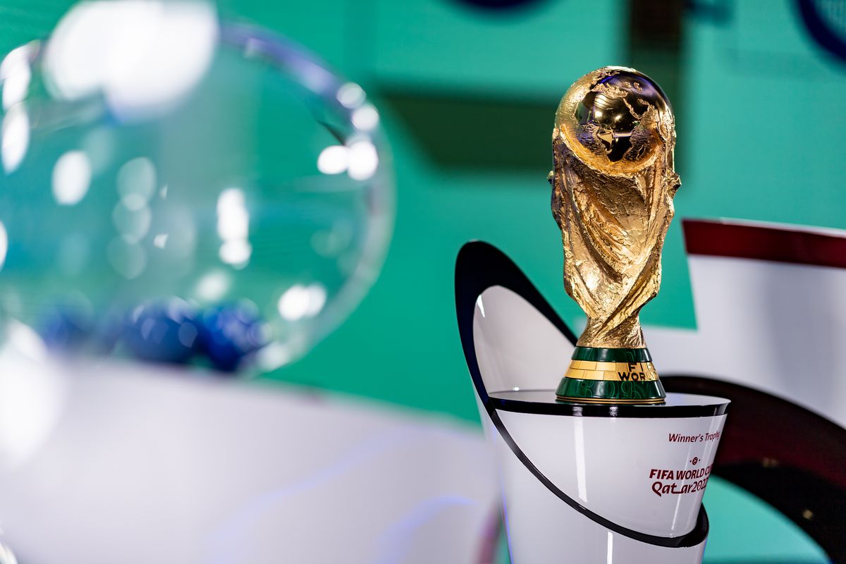 2022 FIFA World Cup trophy is seen ahead of final preparations for the 2022 FIFA World Cup draw at Doha Exhibition and Convention Center in Doha, Qatar on April 01, 2022.