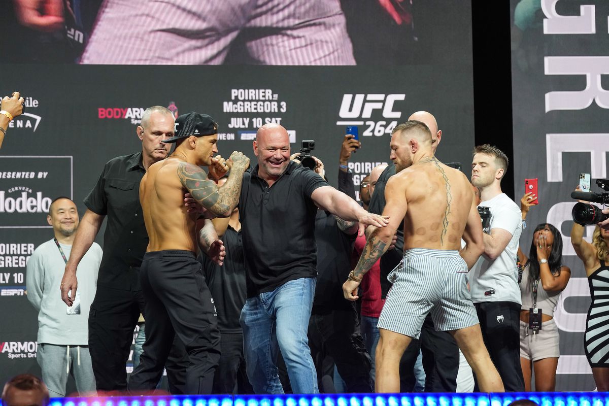 Dustin Diamond Poirier and Conor Notorious McGregor face off in front of a packed house at the UFC 264 ceremonial weigh-in at T-Mobile Arena on July 9, 2021 in Las Vegas, NV, United States.