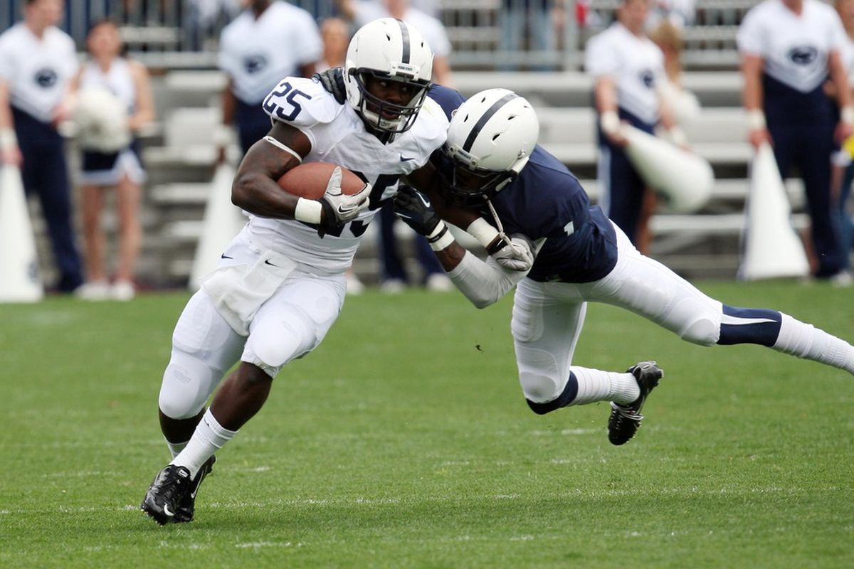 April 21, 2012; University Park, PA, USA; Penn State Nittany Lions tailback Silas Redd (25) in the first half during the spring game at  Beaver Stadium. Mandatory Credit: Rob Christy-US PRESSWIRE