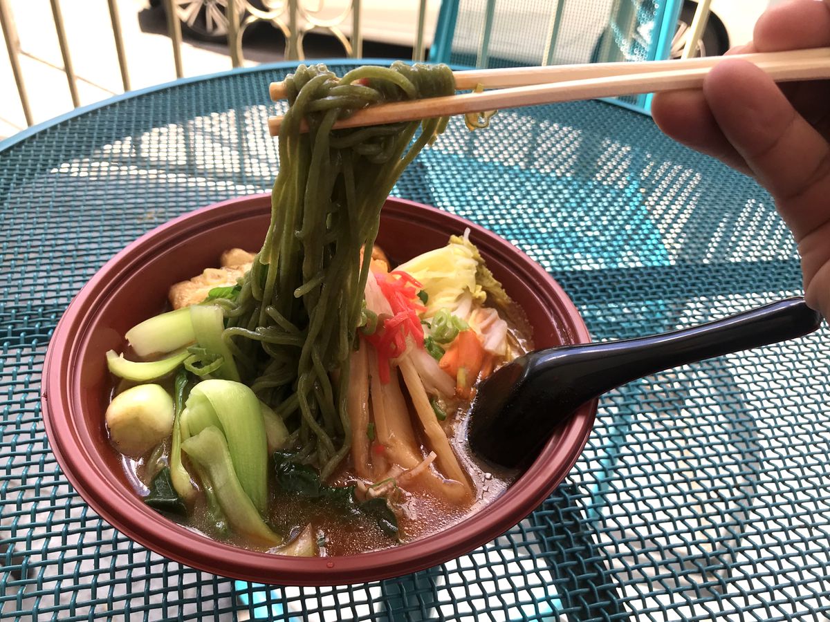A bowl of vegetable ramen with kale noodles at 969 NYC Coffee