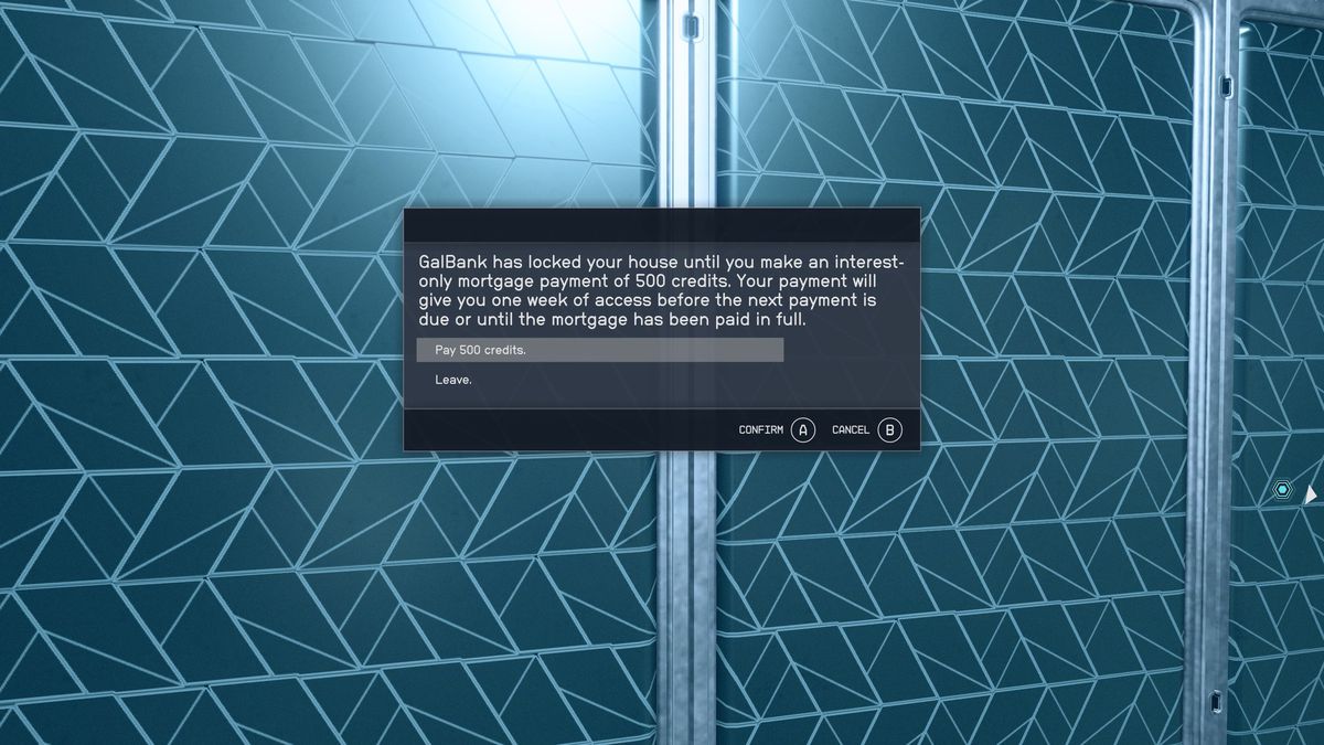 A prompt directs the player to pay 500 credits to enter the Dream Home on Nesoi in Starfield.