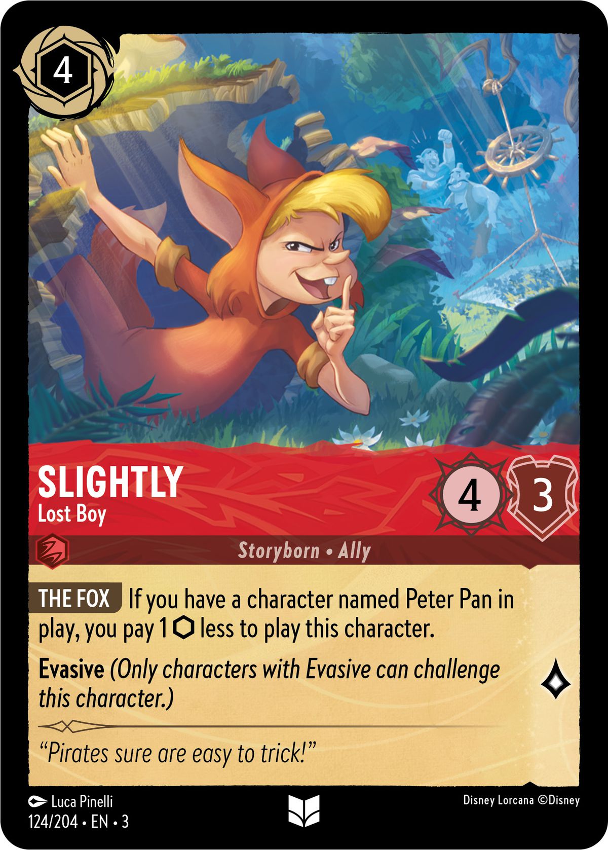 Slightly, Lost Boy is a 4 ink, 4/3 card that costs less to cast when Peter Pan is in play. He’s also evasive, with one lore.