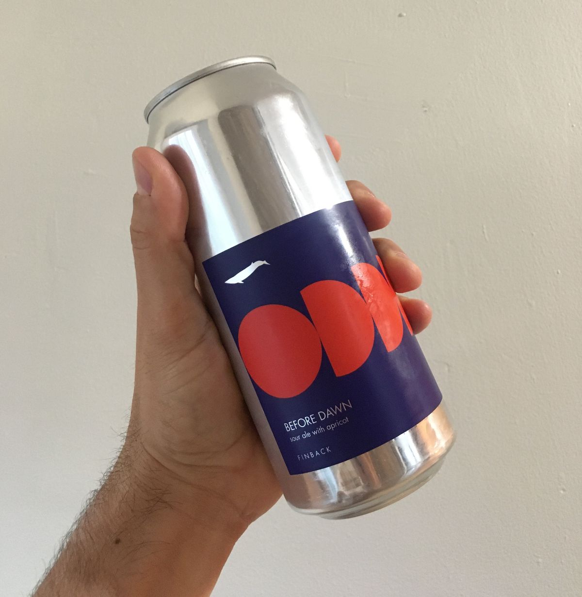 A hand holds up a silver 16 oz. can of beer against a white wall