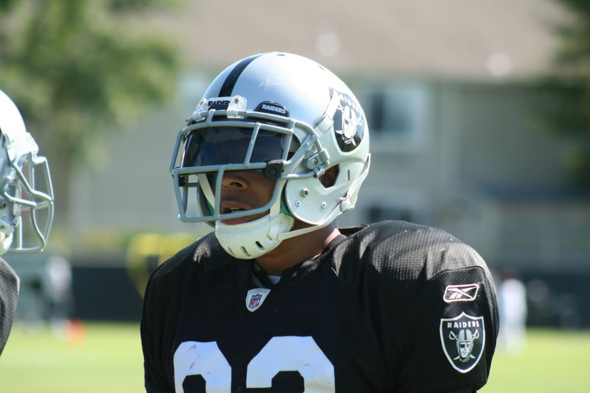 Oakland Raiders safety Tyvon Branch at 2011 training camp (photo by Levi Damien)
