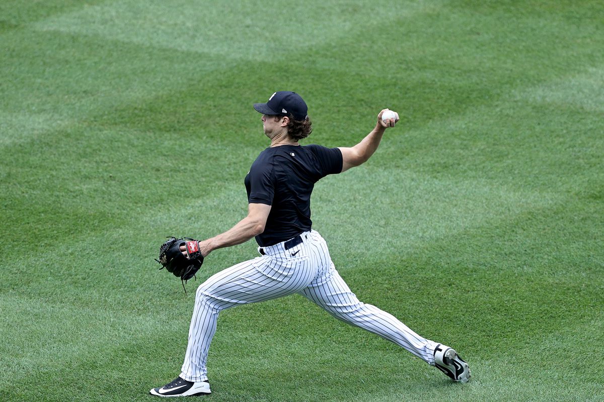 Gerrit Cole of the New York Yankees warms up on the field during summer workouts at Yankee Stadium on July 14, 2020 in the Bronx borough of New York City.