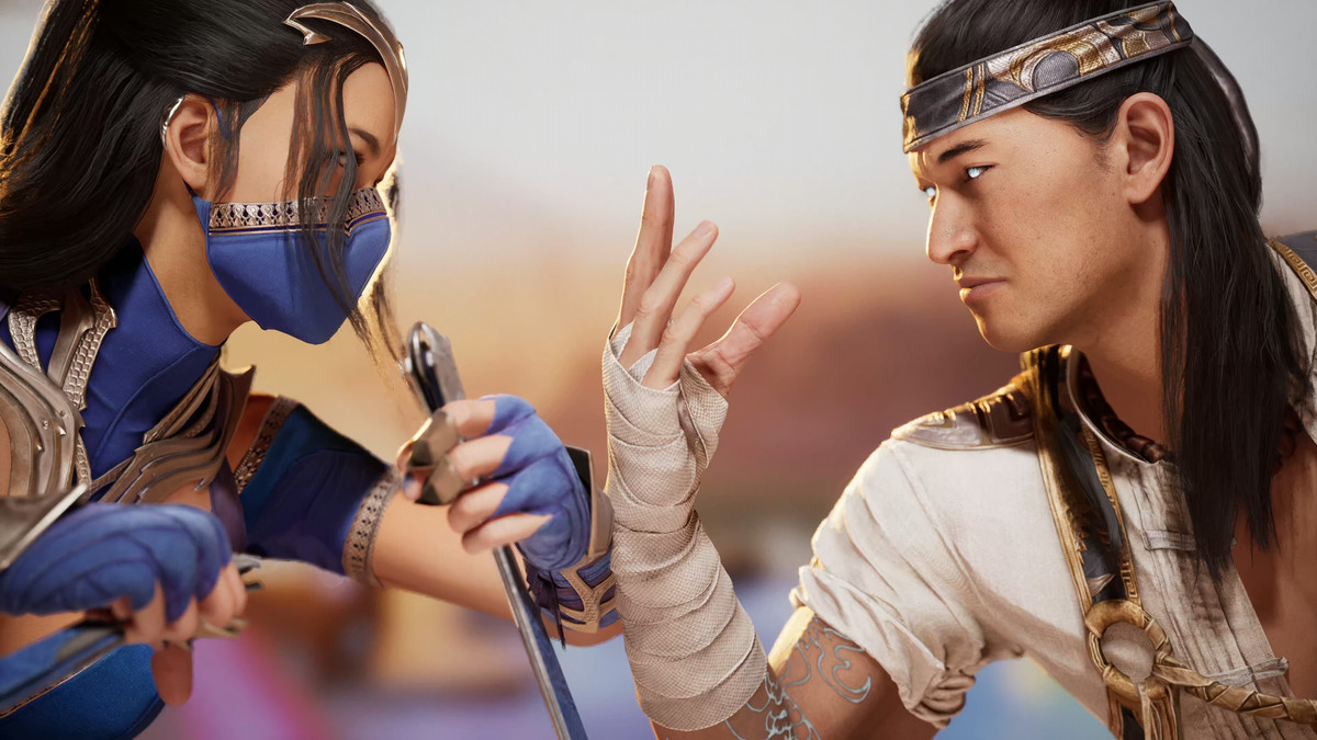 Kitana and Liu Kang face head to head before a fight in Mortal Kombat 1.