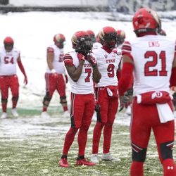 The Utes warm up prior to their game against the University of Colorado at Folsom Field in Boulder, Colorado, on Saturday, Nov. 17, 2018.