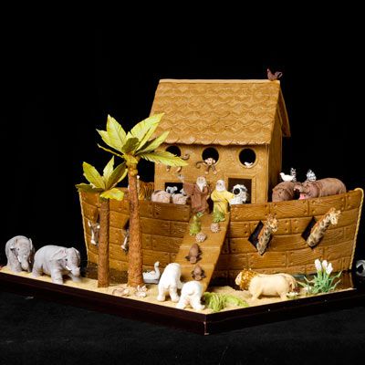 Gingerbread boat with marzipan animals in pairs on it. 