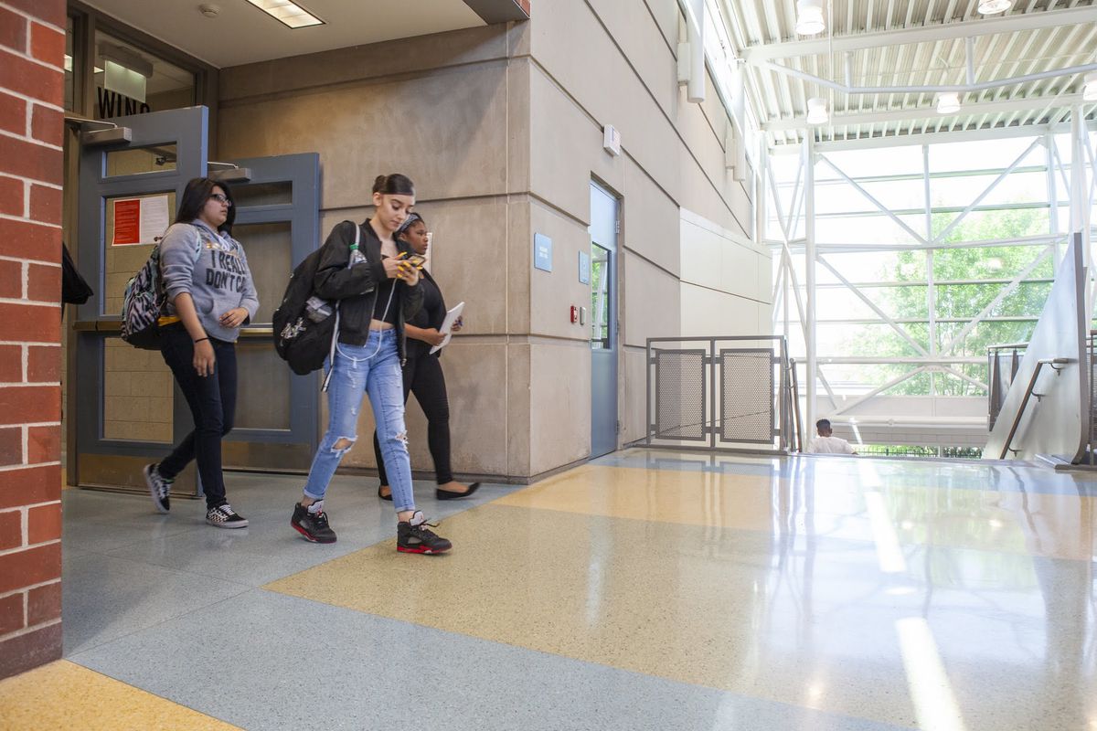 Students in the hallways at North-Grand High School in Chicago in 2019.