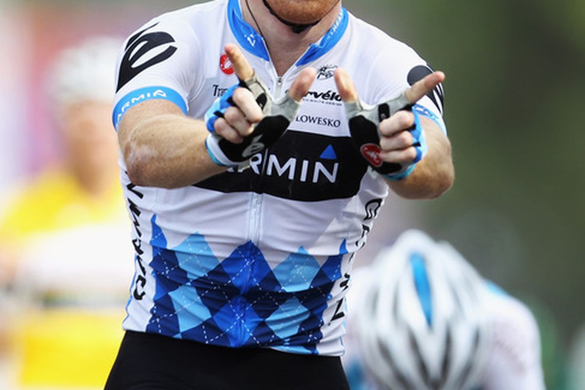 REDON, FRANCE - JULY 04:  Tyler Farrar of the USA and Garmin-Cervelo celebrates winning stage three of the 2011 Tour de France from Olonne-sur-Mer to Redon on July 4, 2011 in Redon, France.  (Photo by Bryn Lennon/Getty Images)